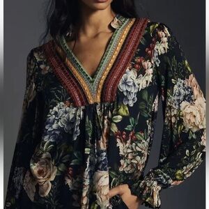 Bl^nk London x Anthropologie STEPHANIE XS Blue Green Floral V-Neck Long Sleeve